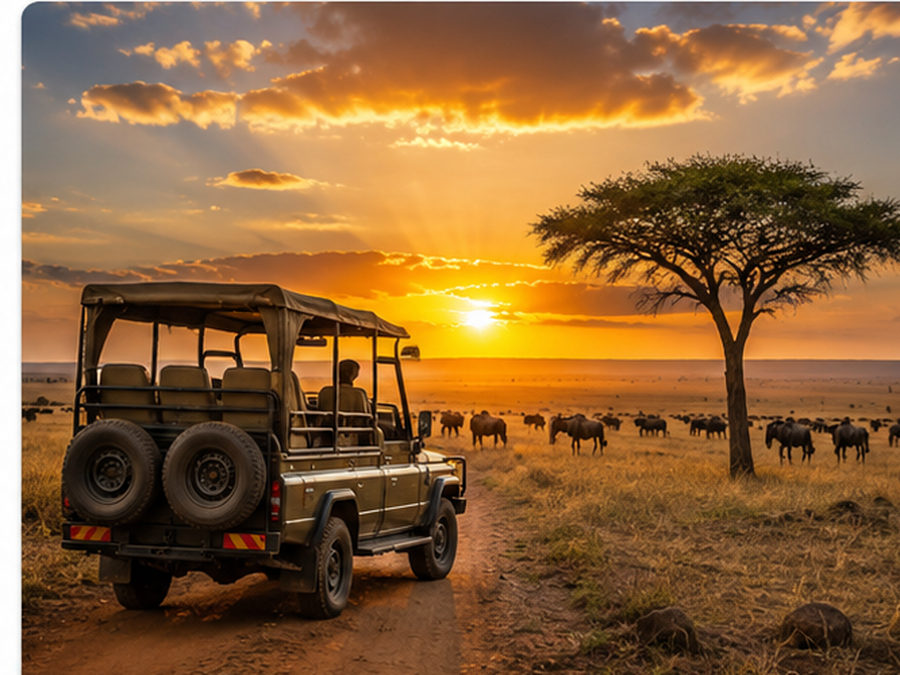 Safari jeep on dirt track in the Masai Mara